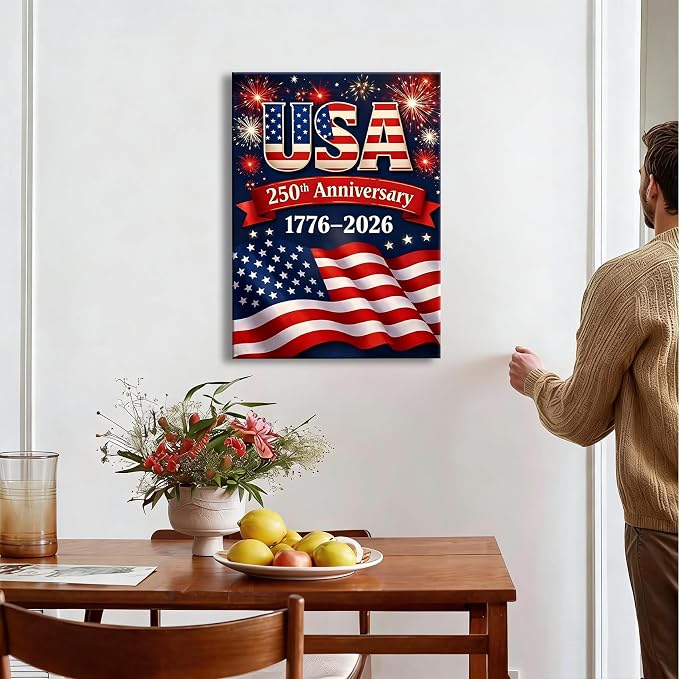 USA 250th Anniversary 1776-2026 Canvas Wall Decor, Patriotic Fireworks American Flag Wall Art, Independence Day Framed Canvas Prints for Home & Holiday Decoration, Made in USA