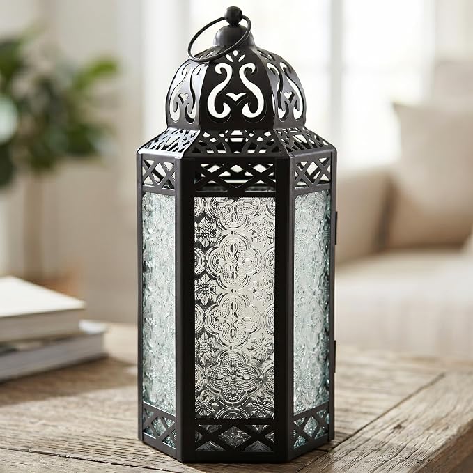 Vela Lanterns Decorative Indoor Candle Holder Table Centerpieces - Moroccan Hanging Outdoor Patio & Porch Home Decor, Turkish Lamp for Wedding, Ramadan (Large 12", Clear Glass)