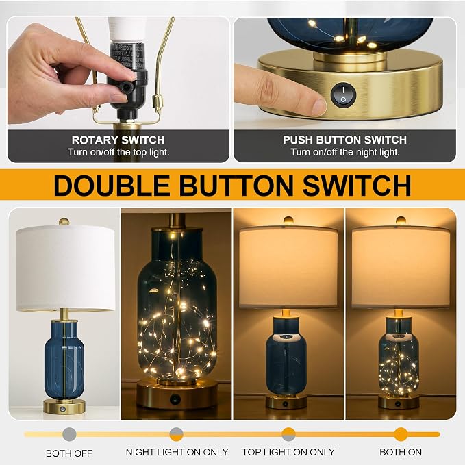 Oneach 22" Glass Table Lamps Set of 2 with LED Nightlight for Bedroom, Blue