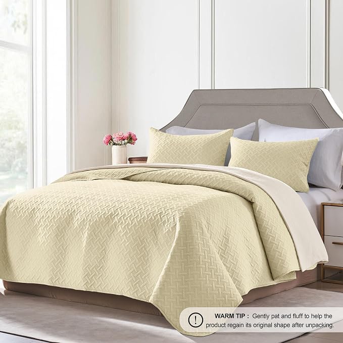 FLYMME Quilts Queen Size,Lightweight Butter Yellow Bedspreads,Basket Weave Pattern,Ultra Soft Microfiber Bed Coverlet 3 Pieces for All-Seasons (1 Quilt,2 Shams)