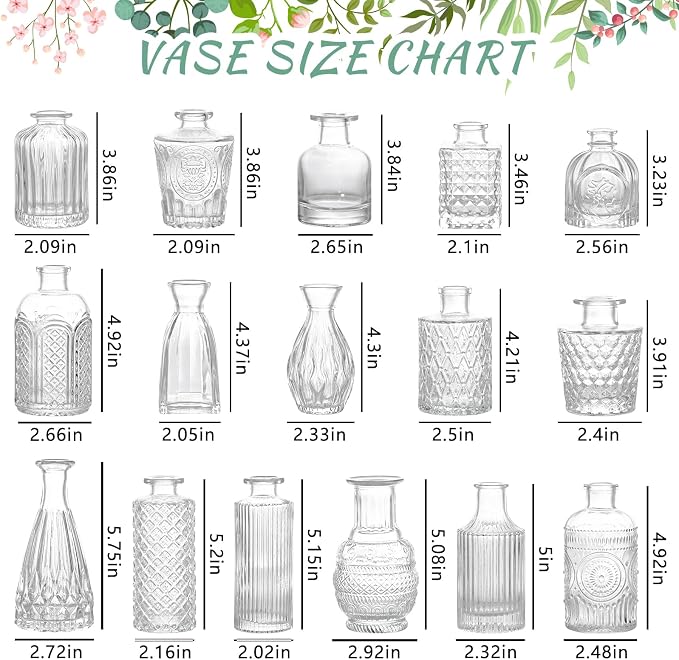 SUPMIND 16Pcs Clear Glass Bud Vase, Small Flower Vase for Centerpieces Bulk | Mini Vintage Vases Set, Cute Vases for Wedding, Home Decor, Table Centerpieces Decoration