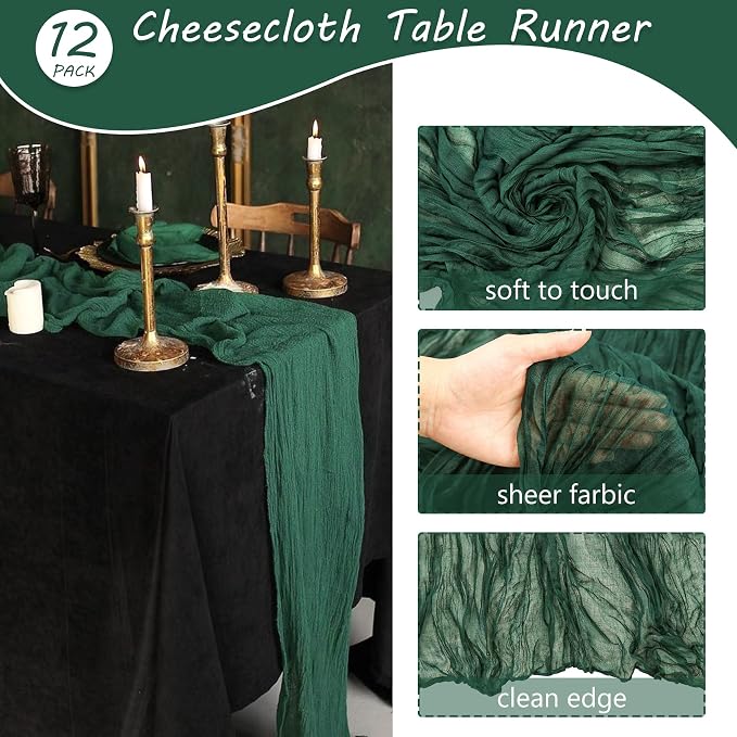 12 Pack 13Ft Cheesecloth Table Runner 35x157 Inch Boho Gauze Table Runner Cheese Cloth Long Rustic Table Runners for Wedding Bridal Shower Birthday Party Table Decor (Dark Green)