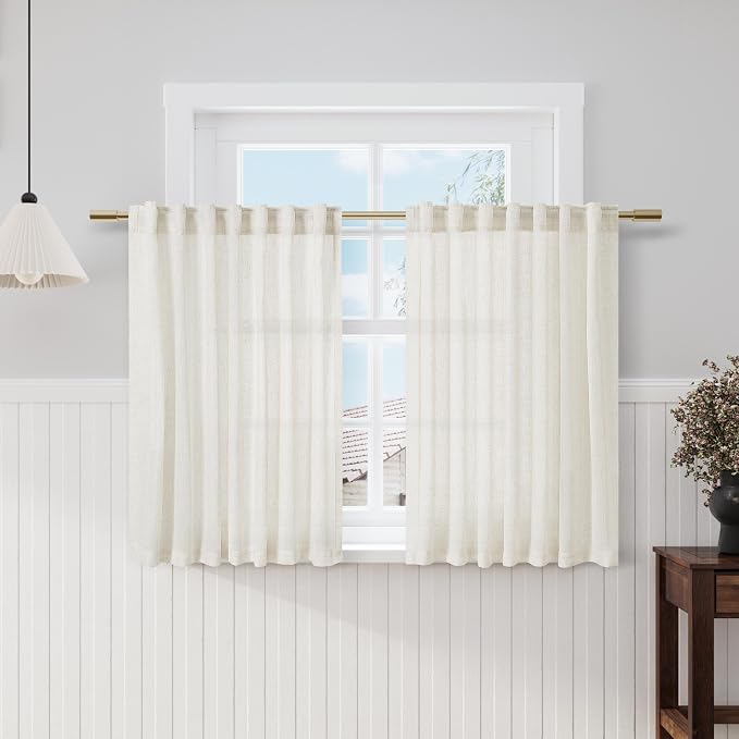 Cream Cafe Curtains 48 Inch Length Set 2 Panel Back Tab Pocket Semi Sheer Short Linen Cream Curtain Tiers for Small Bathroom Window Basement 52x48