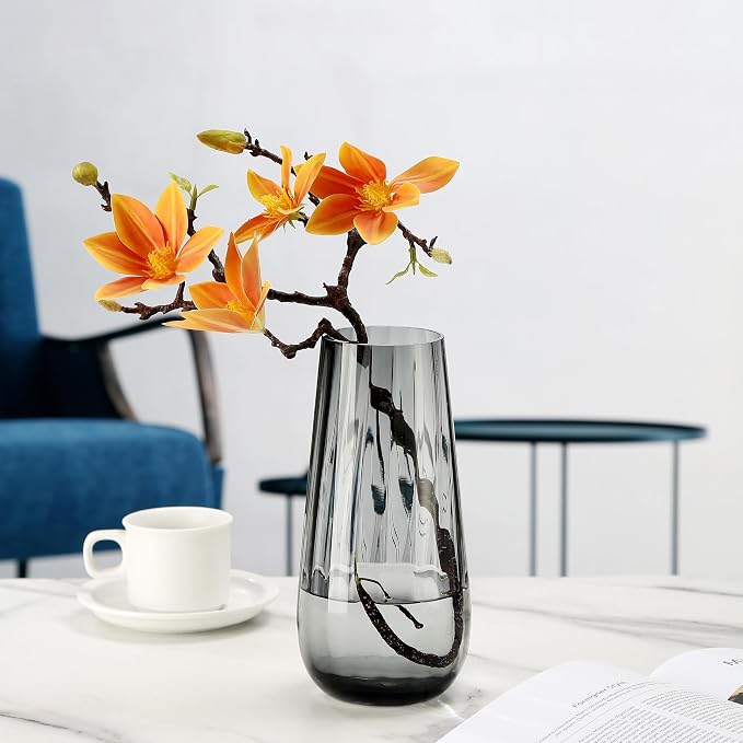 Black Grey Glass Vase Modern Flower vases for Bouquet,H-9.8" Tear Drop Design for Home Floor Decor,Farmhouse Decor, Centerpiece Office Table Decorations(Grey)