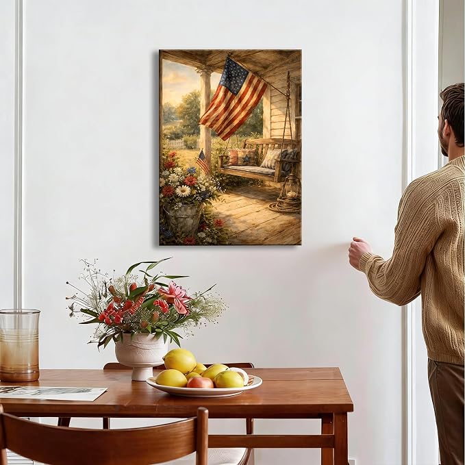 RIBNTAK Americana Canvas Wall Art, Vintage USA Flag Porch Swing Pictures Rustic Patriotic Artwork for Farmhouse Decor, Cozy Independence Day Decorations for Living Room Entryway Bedroom