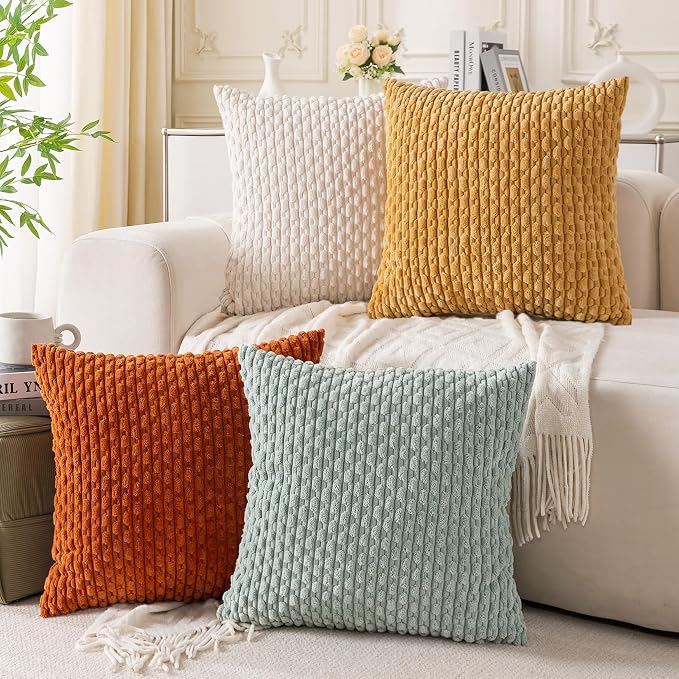 Set of 4 Yellow Rust Aqua Decorative Throw Pillow Covers 18x18 Inch Corduroy Pillow Covers for Bed Couch Sofa Living Room Soft Square Cushion Cases