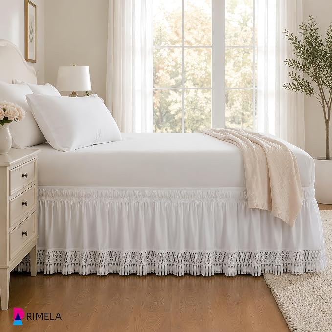 Tassel Trim Bed Skirt Queen 15" Drop, Elastic Wrap Around Bedskirt | Solid Ruffled, Easy to Use, No Mattress Lifting, Wrinkle & Fade Resistant, with Adhesive Strips, Machine Wash/Dry/Iron