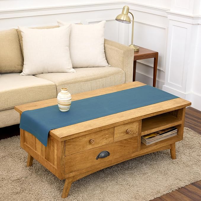 Solino Home 100% Linen Table Runner Peacock Blue Woven, Fete 14 x 60 in | styles dining tables for meals and celebrations, European flax fibres, easy to care for, Peacock Blue, OEKO-TEX Certified