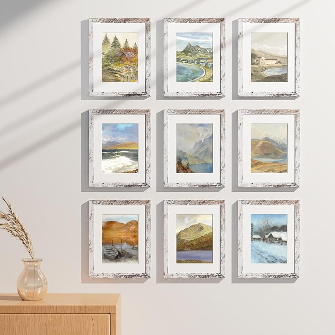 Vittanly 8.5x11 Picture Frames Set of 9, Wall & Tabletop, Distressed White | Certificate Frame Display Pictures 6x8 with Mat or 8.5x11 without Mat, Diploma Document Degree Frames, Engineered Wood