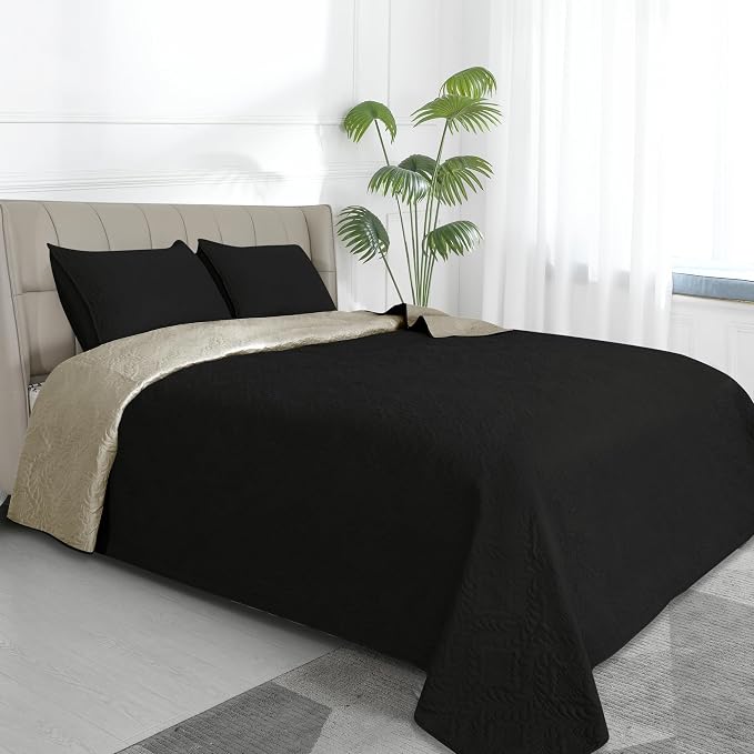 Easy-Going Reversible Quilt Set King, Bedspread with 2 Shams | Olive leaf-Black/Beige, Lightweight Bed Comforter, 1 Quilt + 2 Pillow Shams, All-Season Coverlets for Bedroom