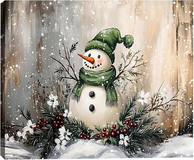Vintage Christmas Snowman Canvas Art 20x30inch, Festive Wall Art with Snowmen in Winter Scene Paintings, Framed Winter Wonderland Decorations, Perfect for Christmas Room Decor