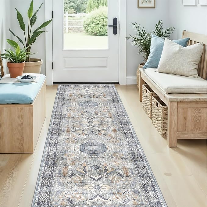 Washable 2x6 Kitchen Runner Rug - Hallway Rugs Low Pile Entryway Carpet Vintage Farmhouse Soft Thin Non-Slip Stain Resistant Indoor Floor Mat Home Decor for Bedroom Laundry Room(Grey/Blue, 2x6)