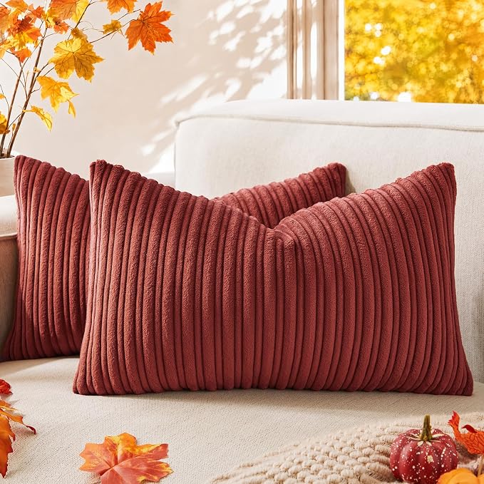 Kevin Textile Striped Corduroy 12”x20” Pillow Covers 2 Pack, Burnt Brick