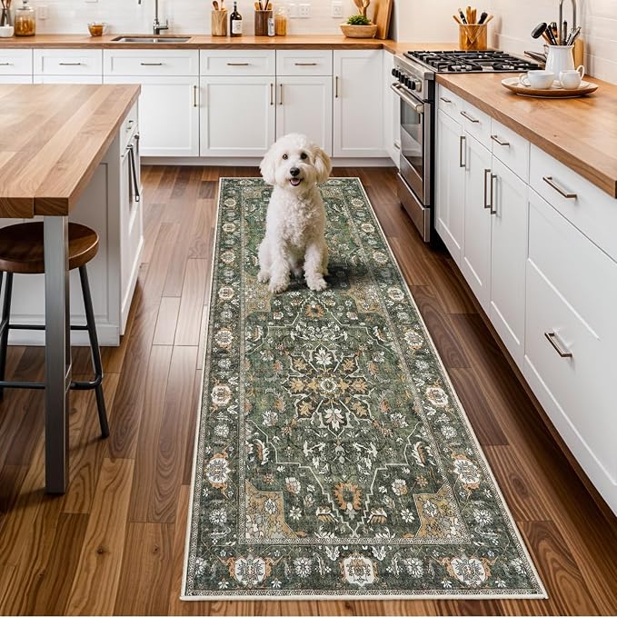 Washable 3x8 Hallway Runner Rug - Kitchen Rugs Ultra Soft Entryway Rug Runner Vintage Floral Floor Mat Non-Slip Low Pile Indoor Farmhouse Carpet for Bathroom Living Room Bedroom (Green,3x8)