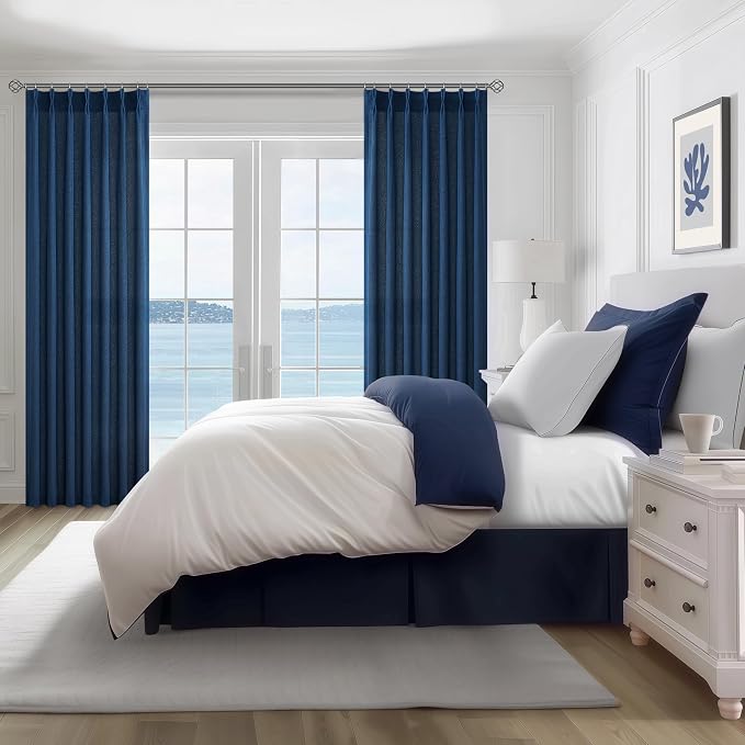 Pinch Pleated Denim Blue Curtains 102 Inches Long for Sliding Glass Doors 2 Panels Set, Modern Natural Linen Blend Memory Trained Pleat Sheer Window Drapes with Hooks Ring for Office 40"W x 102"L Navy