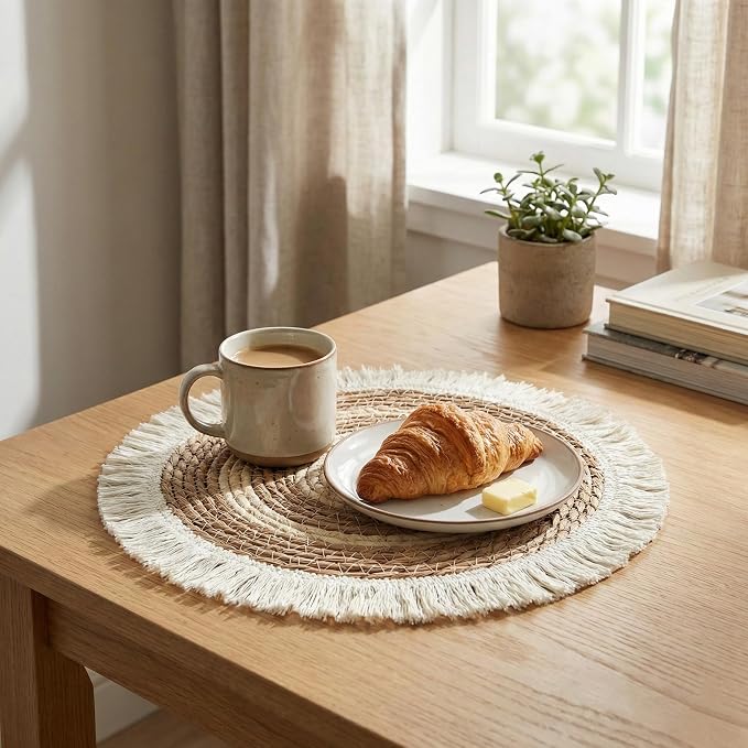 Round Placemats Set of 4, 13.5 in Woven Bulrush Table Mats with Cream Fringe Edge, Charger Plates for Dining Table