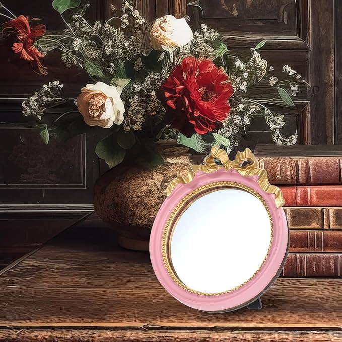 Xthrotsenk Small Desk Mirror 4.2'' Pink Vintage Makeup Wall Mirror Traditional Roundness Table Mirrors with Resin Frame Decorative Hanging Mirrors for Bedroom Bathroom Tabletop Wall