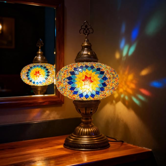 Turkish Mosaic Lamp with Bulb – Handmade Star Fire Stained Glass Table Light, Antique Bohemian Vintage Decor for Bedroom or Living Room, E12 Socket
