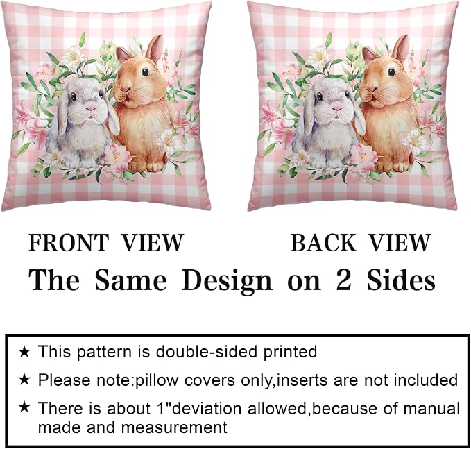 Spring Easter Pillow Covers 16x16 Pack of 2 Lovely Rabbit with Lily Flower Throw Pillow Covers Pink Plaid Bunny Pillow Case for Spring Easter Decoration Sofa Patio Garden