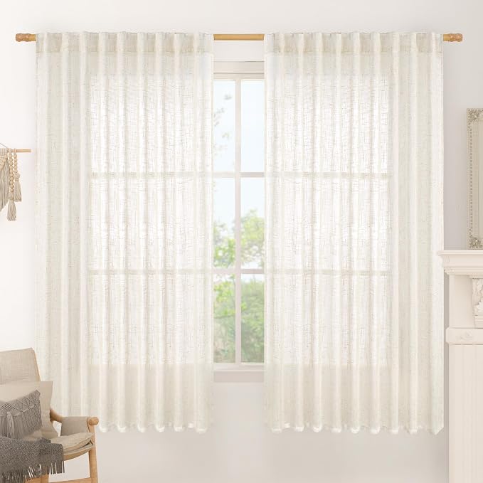 Light Filtering Linen Curtains 63 inches Long for Bedroom 2 Panels | Cream, Linen Textured, Semi Sheer, Rod Pocket Back Tab, Farmhouse Drapes for Living Room, Window Treatment, 70 x 63 Inch