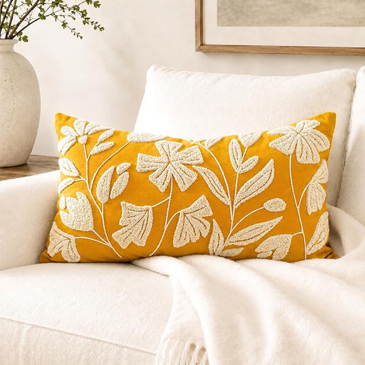 BlissBlush Lumbar Pillow Cover 12x20 Inch, Mustard Floral Tufted Velvet Decorative Accent Pillow Case for Sofa Bed Living Room, Cover Only
