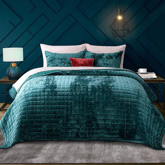 RECYCO Channel Box Stitch Velvet Quilt Set, Full Queen Size, Teal | Ultra Soft Lightweight Velvet Comforter, Luxury Oversized Bedspread Coverlet, Quilted Bedding Set for All Season with 2 Shams