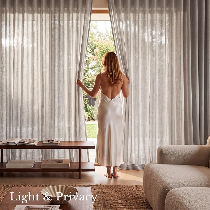 NICETOWN Birch Linen Semi Sheer Curtains 96 inches Long, Rod Pocket & Back Tab Linen Blend Semi Sheer Privacy with Light Filtering for Farmhouse/Living Room, W52 x L96, 2 Panels