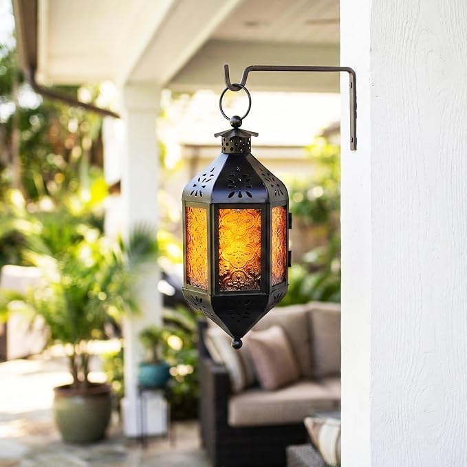 Vela Lanterns Hanging Moroccan Lamp - Exotic Decorative Patio & Porch Decor, Indoor Outdoor Tea Light Candle Lantern Holder with Chain (11" Medium, Amber/Orange Glass)