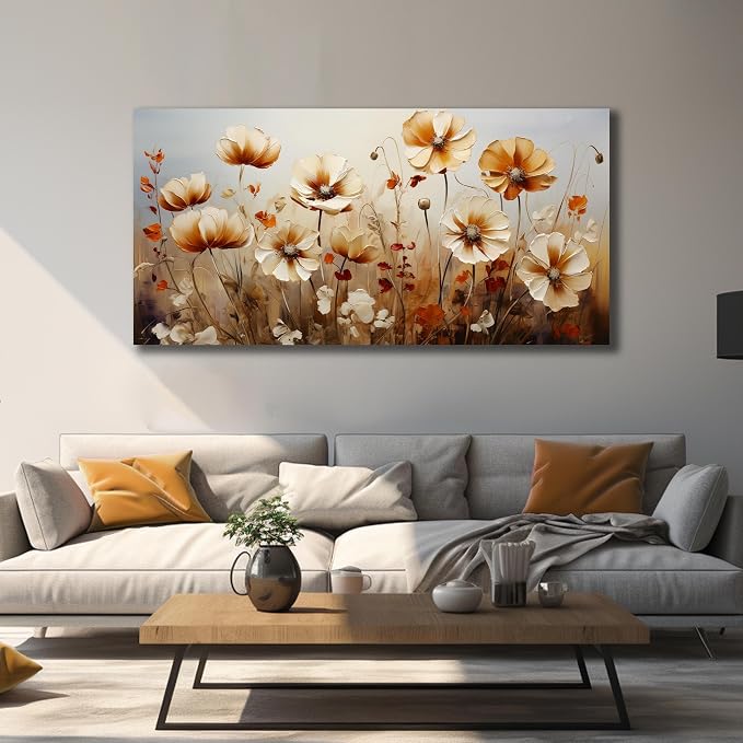 DNIEOTU Large Flower Wall Art for Living Room, Floral Canvas Wall-Decor for Bedroom, Beige and Brown Picture Prints for Hallway Office, Size 59 x 29 Inches