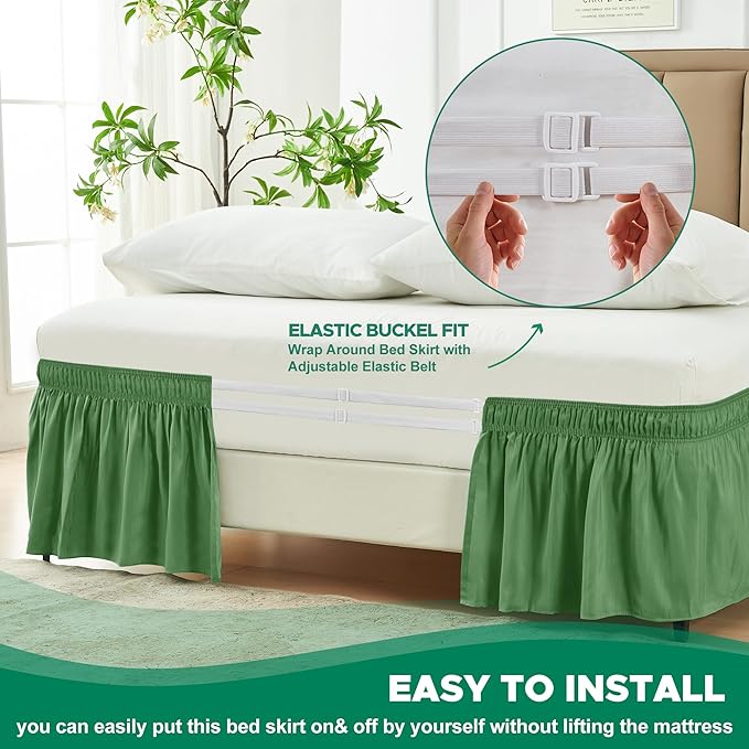 Wrap Around Queen Size Bed Skirt 17 Inch Drop-Elastic Dust Ruffle Sage | Adjustable Pleated Bedskirt-Easy Fit Wrinkle Resistant Washable Hotel Quality Fabric Bed Skirting-Master Guest Bedroom Rental
