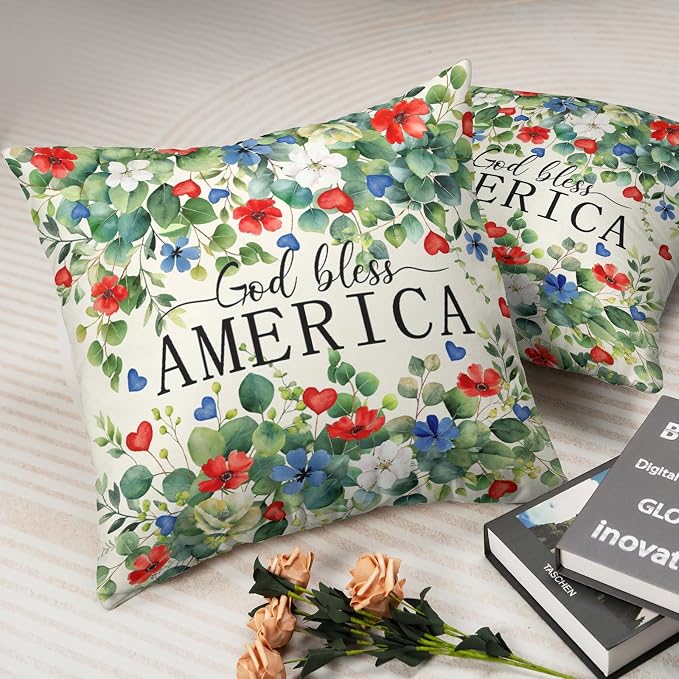 4th of July Patriotic Pillow Covers Memorial Day Red White Blue Flower Throw Pillow Covers 20x20 Set of 2 God Bless America Pillow Cases Eucalyptus Leaf Cushion Cases for Home Sofa
