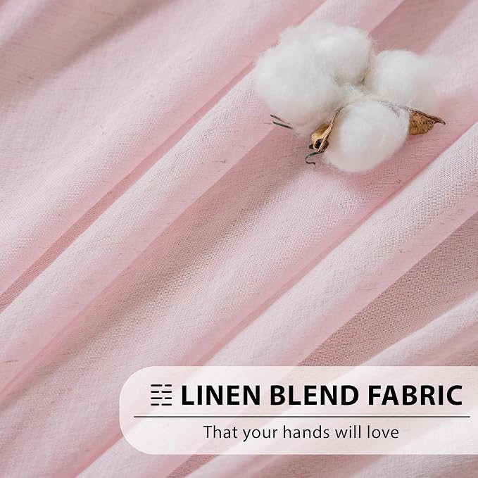 FMFUNCTEX Pink Linen Sheer Curtains, 96 Inches, 2 Panels for Bedroom | Semi Sheer Drapes, Flax Linen, Rod Pocket, Light Filtering, Farmhouse French, Kitchen, Privacy, Girls, for Living Room