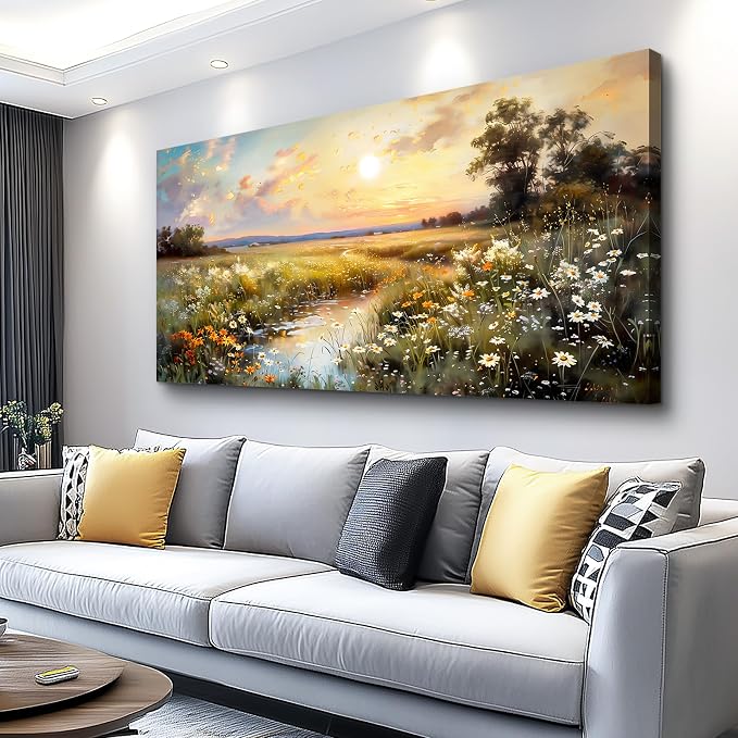 hyidecorart Vintage Farmhouse Wildflower Wall Paintings Canvas Wall Art for Living Room Wall Decor for Bedroom Office Decorations Nature Landscape Picture Artwork Aesthetic Home Decor Ready To Hang