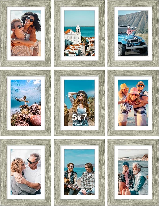 Vittanly 5x7 Picture Frames Set of 9 for Wall Mount or Tabletop, Driftwood | Display Pictures 4x6 with Mat or 5x7 without Mat, Small Photo Frames, Engineered Wood with Shatter Resistant Plexiglass