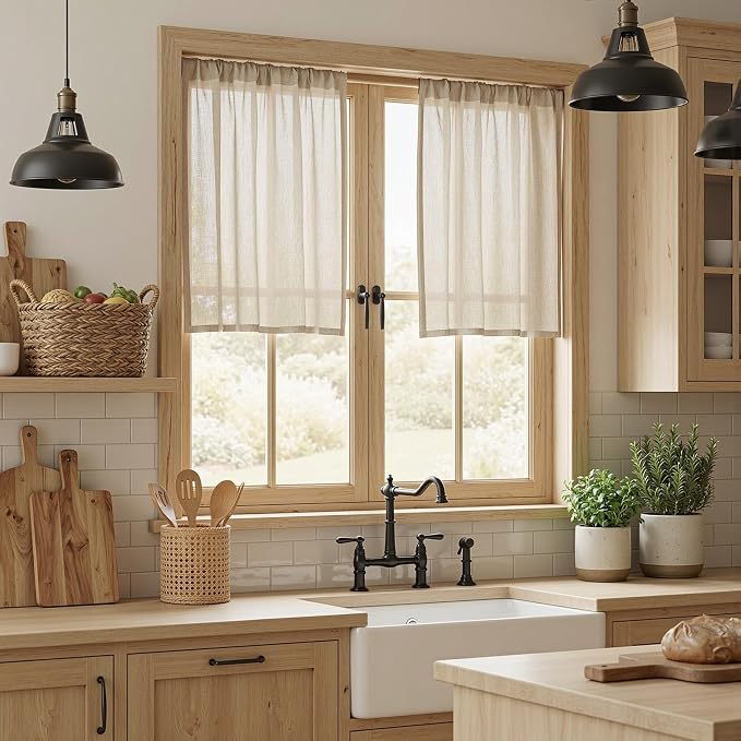 MYSKY HOME Semi Sheer Light Oatmeal Curtains 36 Inches Long for Kitchen 2 Panels, Light Filtering Cream Tiers Curtains Rod Pocket Neutral Window Drapes for Bathroom/Cafe/Basement, Taupe, 34 x 36 Inch