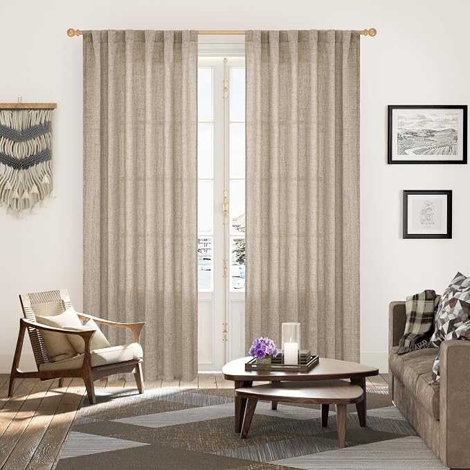 Dark Oatmeal Linen Semi Sheer Curtains 80 Inch Length for Living Room | Tan Drapes Light Filtering with Rod Pocket Back Tab for Dining Bedroom Farmhouse Window, 2 Panels, 52 X 80 Inch