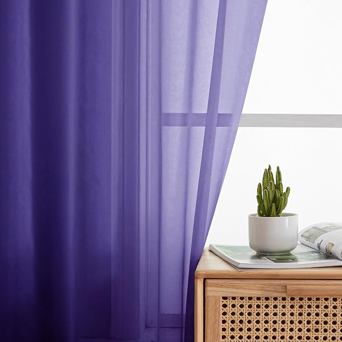 Simplebrand Purple Sheer Curtains 84 Inches Long, Light Filtering Rod Pocket Solid Color Window Sheer Curtain Panels, Elegant Curtains & Drapes for Living Room, Bedroom 2 Panels (Purple, 42" W)