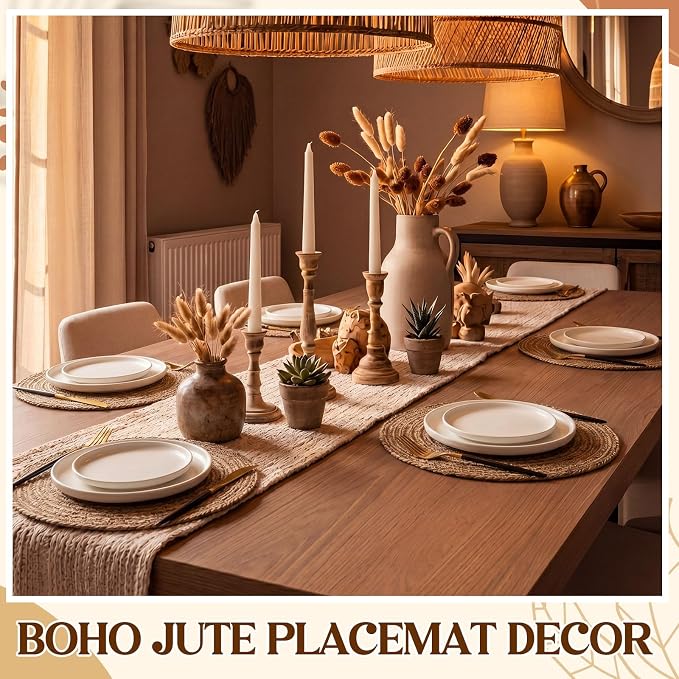 12 Inch Round Woven Placemats Set of 12 Burlap Boho Jute Charger Bulk Rustic Vintage Natural Brown Heat Resistant Dining Table Mat for Wedding Farmhouse Craft Home Kitchen Summer Party Decor