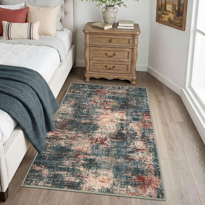 Lansny Abstract Washable Entryway Rug 3x5 Area Rug Non Slip Kitchen Rugs | Red/Multi;Thin Printed Faux Wool Door Mat;Small Rugs;Front Door Rug;Indoor Entry Rug;Rubber Backed Floor Carpet;Throw Rugs
