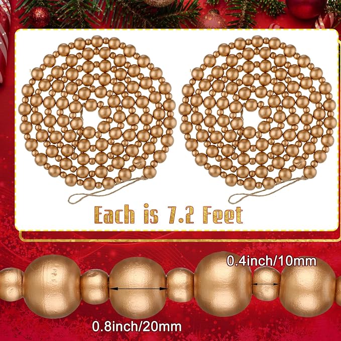 Yinder 2 Pcs/ 14.4 Feet Christmas Wooden Beads Garland, Gold