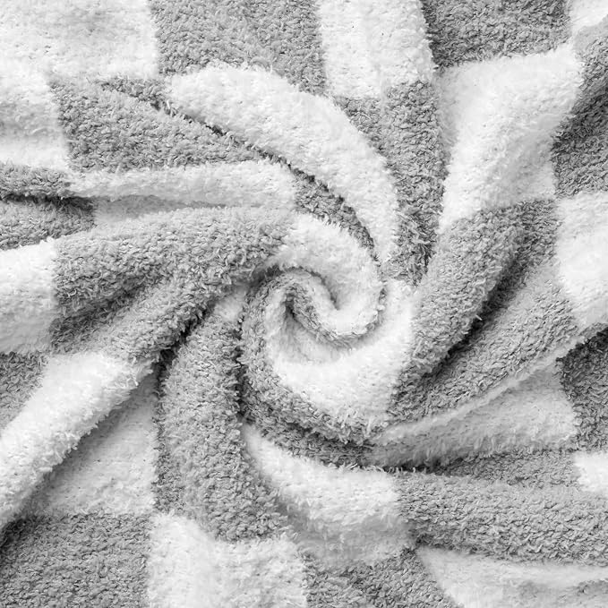 Checkered Throw Blanket for Couch, Soft Cozy Warm Knitted Blankets | Lightweight Fuzzy Travel Warm Decor for Women, Mom, Girls, Sofa, Chair, 50x70in, Light Grey