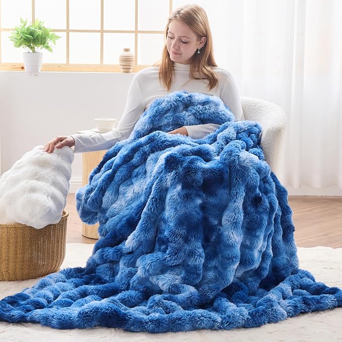 NEWCOSPLAY Faux Fur Bubble Twin Blanket for Couch, Tie-Dye Indigo, 60"x80" | Fluffy Soft Thick Warm Bubble Blanket for Couch Sofa Bed 700GSM, Plush Cozy Luxury Decorative Throw, Gift for Women Men