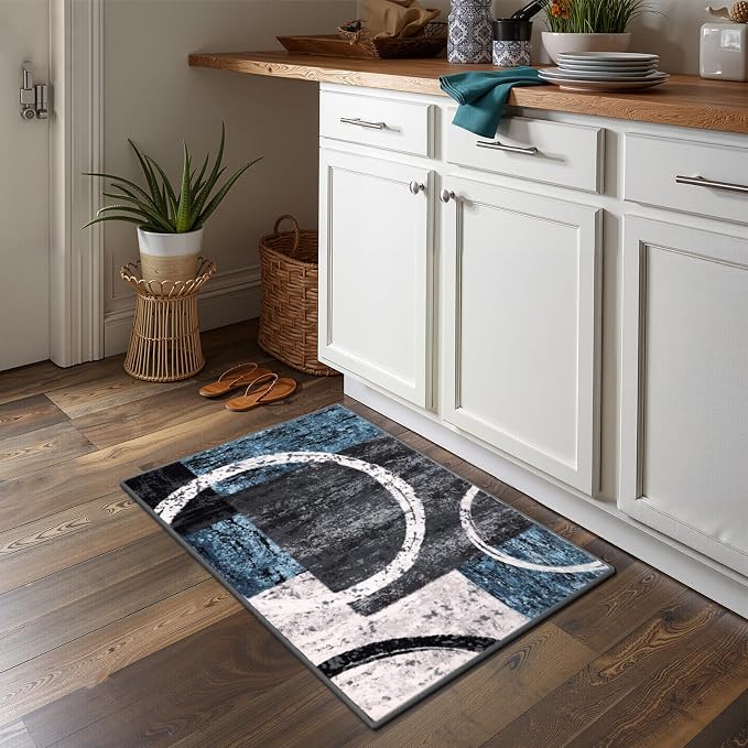 Yamaziot 2x3 Washable Modern Abstract Area Rug Non-Slip Entryway Rug | Stain Resistant Kitchen Rug with Rubber Backing, Low Pile, Ultra Soft Carpet Rug for Bedroom, Laundry, Entryway, Blue