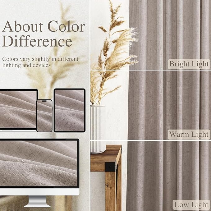 Brownish Grey Linen Curtains for Living Room Extra Long 132 Inches Long Back Tab Light Filtering Semi Sheer Curtain Modern Farmhouse Decor Floor to Ceiling High Window for Bedroom 52x132, 2 Panels
