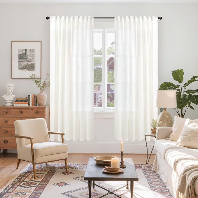 YoungsTex 72 Inch Length Linen for Living Room, Ivory White Light Filtering Drapes Texutred Semi Sheer with Rod Pocket Back Tab for Bedroom Window, 2 Panels, 52 X 72 Inch