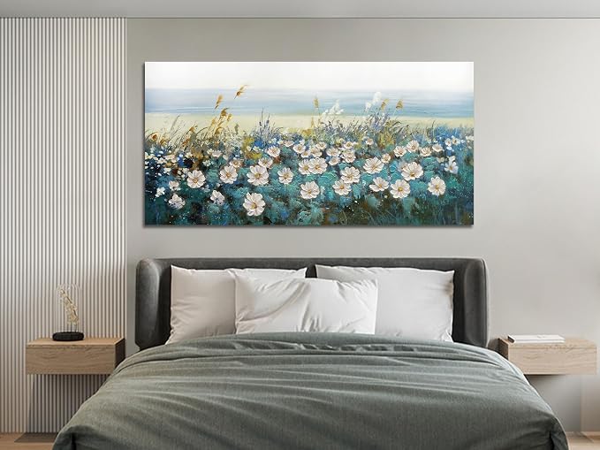 Arjun Flower Wall Art for Living Room, Teal Bedroom Canvas Daisy Floral Painting Landscape Picture Artwork Large Textured Office Home Dining Room Kitchen Wall Decor Large 48"x24"