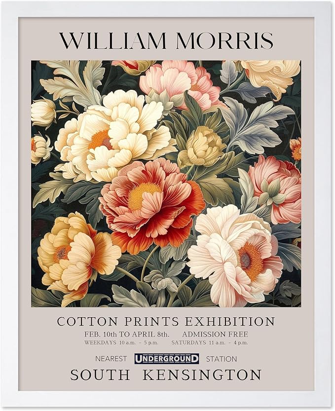 Poster Master William Morris Poster - Peony Print - Botanical Art - Flower Art - Exhibition Artwork - Animal Creation - Floral Piece - Aesthetic Illustration - Colorful Office or Bedroom Decor - 11x14 White Framed