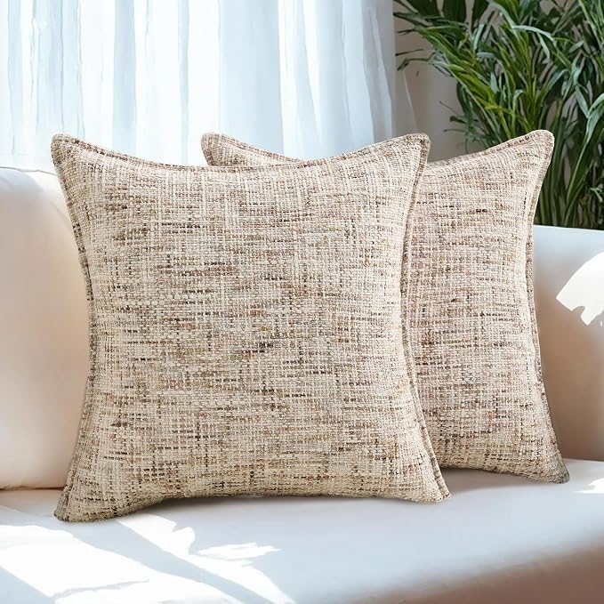HAUSSY Pack of 2 Chenille Tweed Throw Pillow Covers 18x18 Inch, Beige Brown