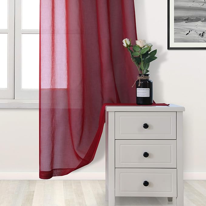 DWCN Sheer Curtains, Faux Linen Grommet Window Curtain Voile Sheer Drapes for Living Room Bedroom Thanksgiving Day & Christmas Decor Set of 2 Panels 52 x 63 Inch Long, Burgundy Red