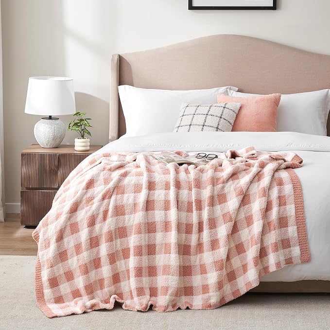 Snuggle Sac Checkered Throw Blanket for Couch, Super Soft, Cozy Warm Knit Decorative Blankets, Reversible Plaid Fluffy Throws for Sofa, Bed, Plaid Pink, 50x60 Inches
